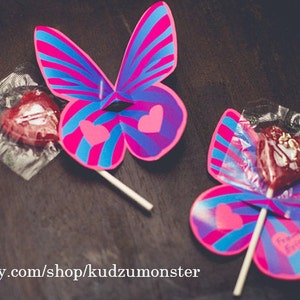Sucker lollipop holder butterfly wings instant download girl&#39;s birthday party favor, classroom treats pink purple candy valentine card