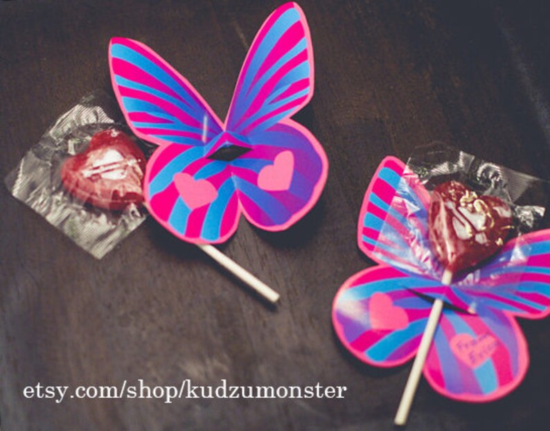 Sucker lollipop holder butterfly wings instant download girl's birthday party favor, classroom treats pink purple candy valentine card image 1