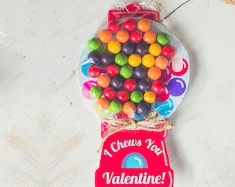 DOWNLOAD PRINTABLE Valentine candy gift DIY gumball machine I Chews You funny treat topper unique classroom valentines day cards chewing gum