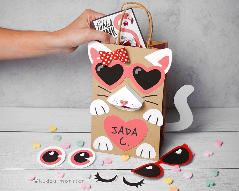 Cat Valentine Bag or Box Printable Decor Kit 3D snout, paws, tail, sunglasses, 3D Bowtie DIY kitty mailbox for school valentine's cards image 1