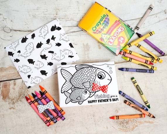 Printable Fish Father's Day Card Fishing Coloring Page Card with 3D bowtie DIY kids classroom Craft Fathers day activity printable Il_570xn