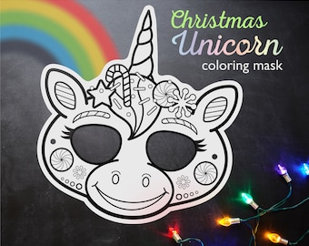 Printable Christmas unicorn coloring mask kids cute color activity mask fun coloring page craft DIY print at home instant download Holiday