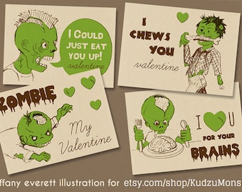 INSTANT DOWNLOAD zombie classroom valentines funny illustrated printable children's boy valentines brains gross boy valentine's cards