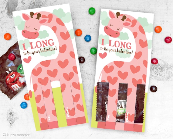 Pink Giraffe Valentines Printable DIY Instant Download Fun Size Skittles M&M Candy holders cute animal Valentine's day cards for school Il_570xn