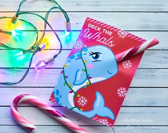 Narwhal Horn Christmas Candy Cane Holder Card for Kids Classroom Holiday Party Favor Instant Download Printable Punny