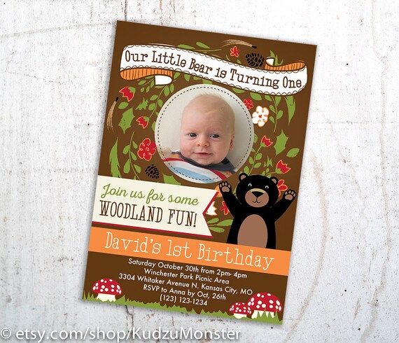 Woodland baby bear Customized Printable Photo Birthday Party Invitation gender neutral or baby shower invitation floral wreath mushrooms Il_570xn