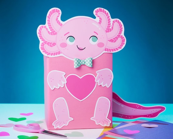 Axolotl Valentine Box Kit | printable DIY mailbox for Valentine's Day cards | Easy print + fold decor craft | school kid valentine
