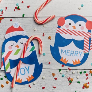 Cartes imprimables Hugger Penguin Candy Cane | Cartes de vœux à téléchargement immédiat pour cannes en bonbon ou crayons de Noël | Cartes de Noël pour enfants mignons