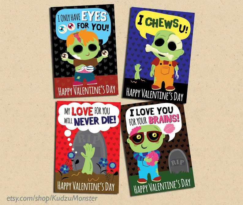 INSTANT DOWNLOAD Printable Classroom zombie valentines cards valentine's day funny boys valentine brains zombies creepy gross tomboy punk image 1