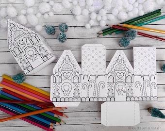 Gingerbread  House Coloring Activity boxes instant download DIY foldable paper Holiday house shaped Christmas candy, cookies, small toys etc