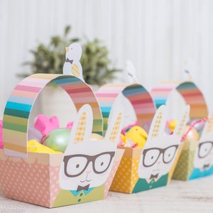 Imprimible cesta de conejito de Pascua descarga instantánea conejo plegable niña rosa y niño azul cestas guinga patrón a cuadros bebé pollito de Pascua DIY