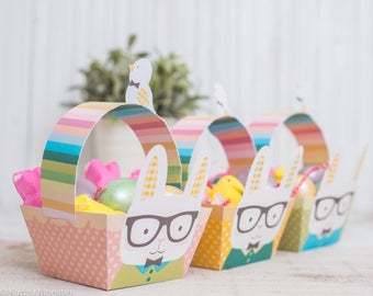 Printable Easter Bunny basket instant download rabbit foldable pink girl and blue boy baskets gingham plaid pattern baby easter chick DIY