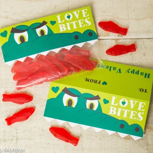 INSTANT DOWNLOAD Printable Classroom Valentines Treat Candy Bag Topper green Crocodile Alligator with teeth goldfish swedish fish DIY card