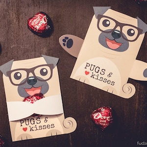 Niedlicher Mops-Welpe Klassenzimmer Süßigkeiten Halter valentines Süßer Hund individuelle Süßigkeit Valentinstag Karte Valentinstag Schokolade Herz Halter Brille
