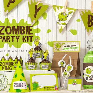 Zombie Party Printable kit Birthday decor banner flags bottle wrap cupcake toppers graveyard monster theme DIY green party favors download