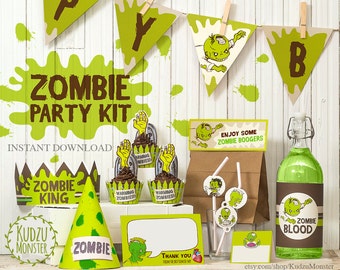 May include: A printable zombie party kit with green and brown colors. The kit includes a banner, cupcake toppers, a party hat, a thank you card, a bottle label, and a favor tag. The text on the banner reads "Zombie Party Kit". The text on the bottle label reads "Zombie Blood". The text on the favor tag reads "Enjoy Some Zombie Boogers".