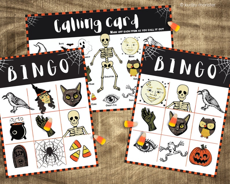 Halloween Bingo Spiel zum Ausdrucken Vintage Retro Stil Halloween Illustrationen Klasse Aktivität Spaß Kinder Party Aktivität einfach Bingo Spiel Bild 1