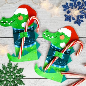 Carte de Noël crocodile Noël avec canne en bonbon - pull moche animal mignon porte-bonbons imprimable - cadeau de Noël - fête de Noël scolaire
