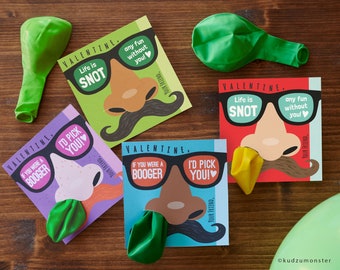 Funny Booger Nose Picking Valentines Classroom Balloon Holder valentines mustache glasses valentine card Valentine's day pick you snot card
