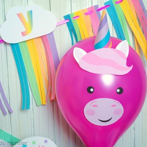 Cute Unicorn Printable Balloon Face and 3D horn DIY Instant Download File Cut Out and tape to balloon for Rainbow Unicorn Birthday Party image 3