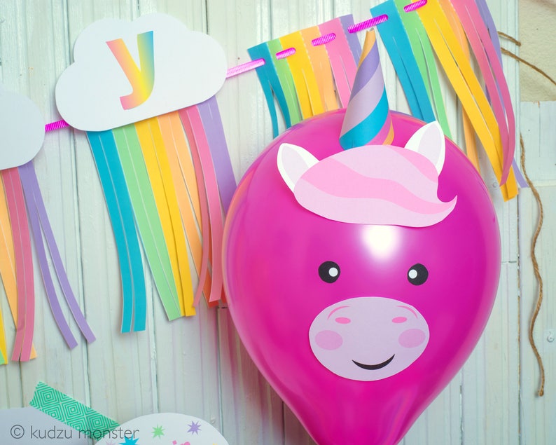 Cute Unicorn Printable Balloon Face and 3D horn DIY Instant Download File Cut Out and tape to balloon for Rainbow Unicorn Birthday Party image 3