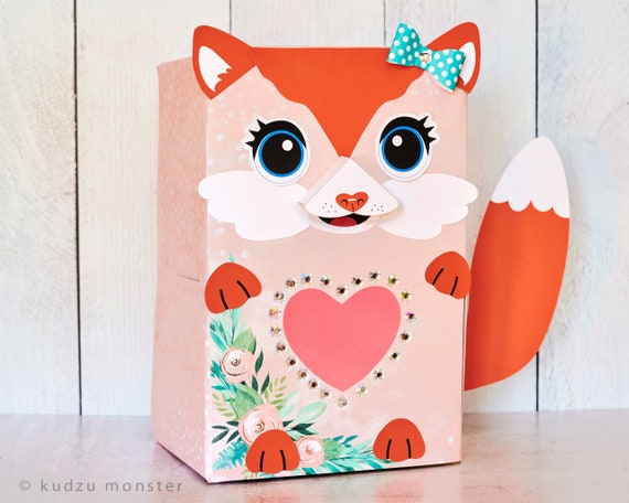 Fox Valentine Box Printable Decor Kit 3D Nose, Eye Options, 3D Bow