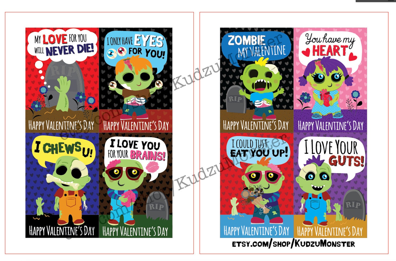 INSTANT DOWNLOAD Printable Classroom Zombie Valentines Cards Valentine ...
