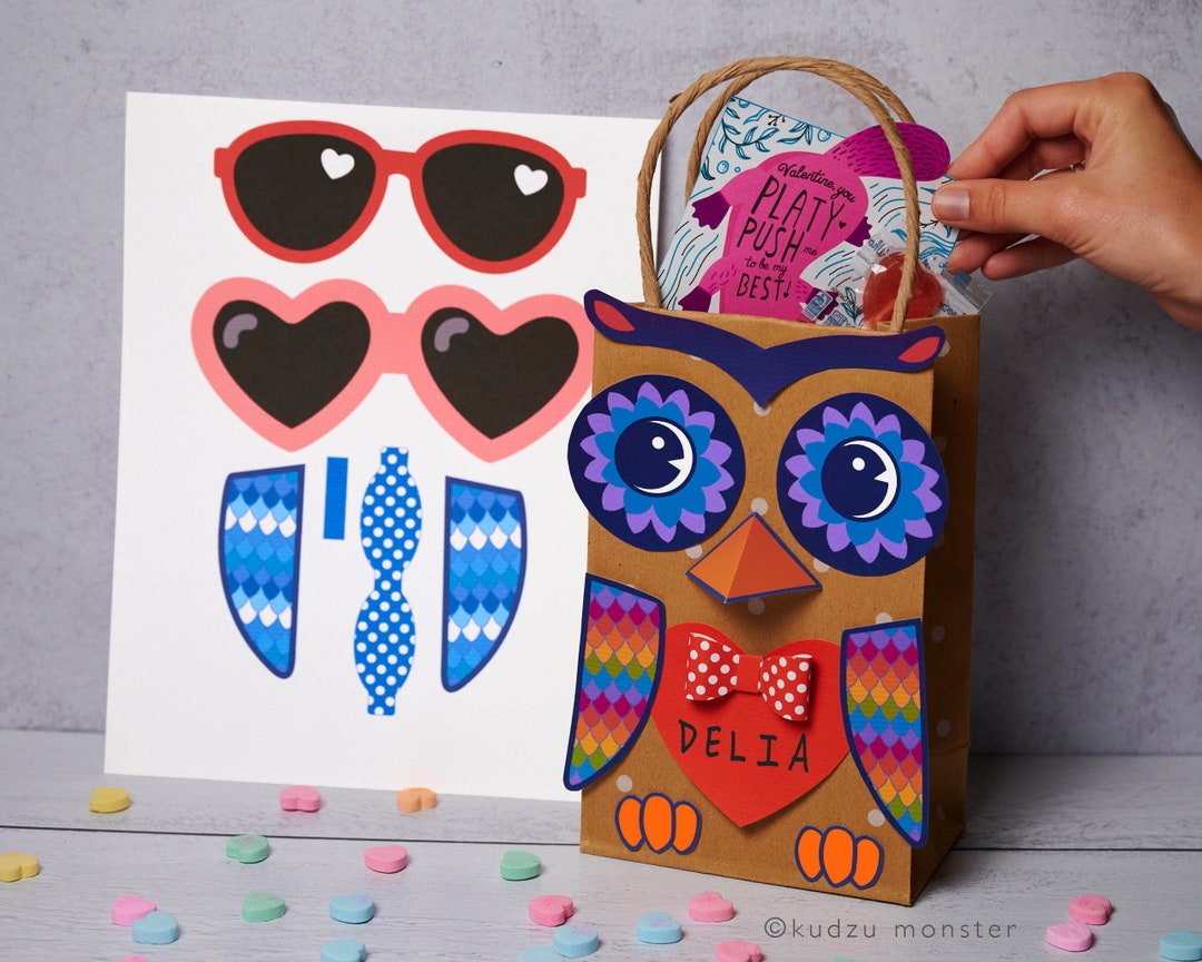 Owl Valentine Bag Or Box Printable Decor Kit 3D Beak And Bowtie Wings Feet Eyes Sunglasses
