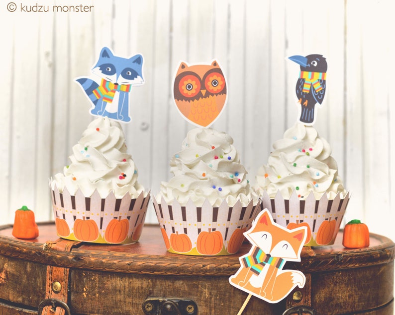 Autumn Fall Pumpkin Woodland Cupcake Topper and Cupcake image 1