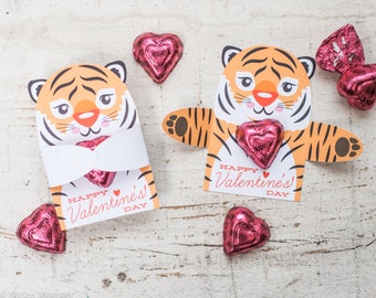 Printable cute tiger Candy or gift Hugger valentines animals hug individual candy valentine card cute Valentine's day chocolate holders