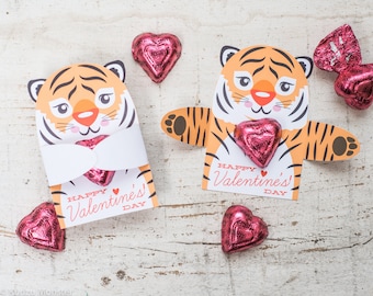 Printable cute tiger Candy or gift Hugger valentines animals hug individual candy valentine card cute Valentine's day chocolate holders