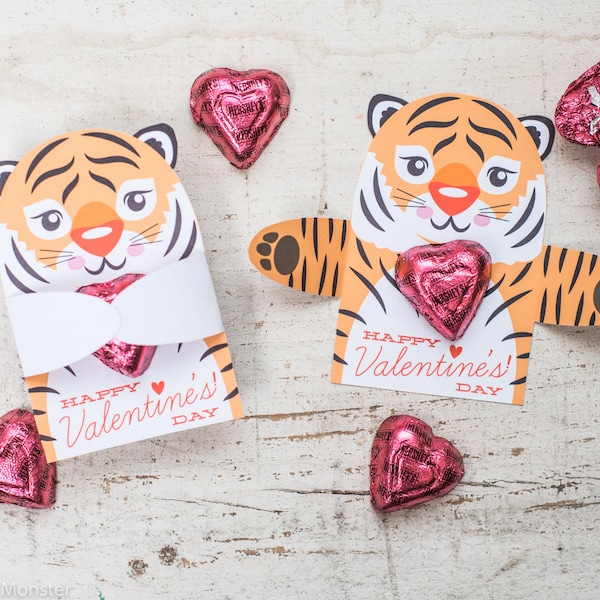 Printable cute tiger Candy or gift Hugger valentines animals hug individual candy valentine card cute Valentine's day chocolate holders