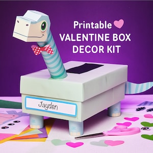 Brachiosaurus Valentine Box Kit | Longneck Dinosaur printable Box Decor Kit for Valentine's Day cards | school kid valentine craft kit