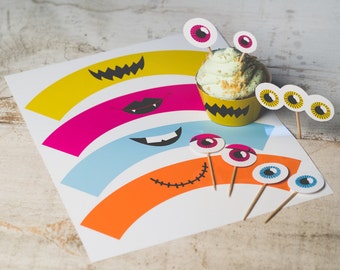INSTANT DOWNLOAD birthday cupcake topper monster face kit print at home alien monster party eyes and cupcake wrappers fun craft activity