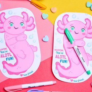 Dia dos Namorados Axolote | Cartões Hugger de lápis/caneta para impressão | Linda estampa rosa em casa Axolotl Design do Dia dos Namorados