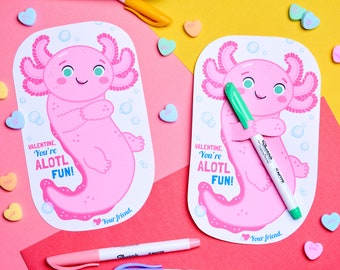 Axolotl Valentines | Printable Pencil/Pen Hugger Cards | Cute Pink Print at Home Axolotl Valentine's Day Design