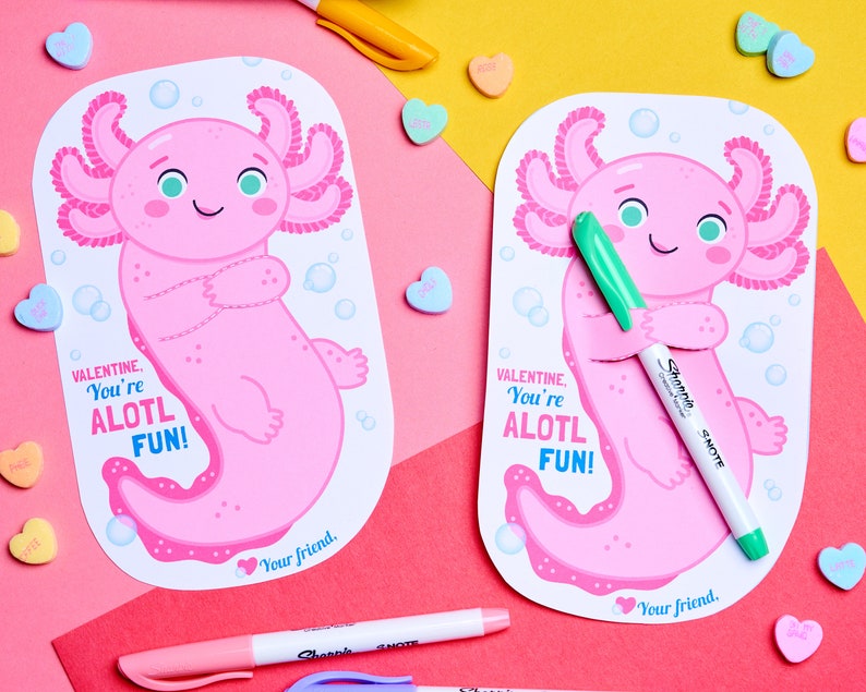 Axolotl Valentines  Printable Pencil/Pen Hugger Cards  Cute image 1