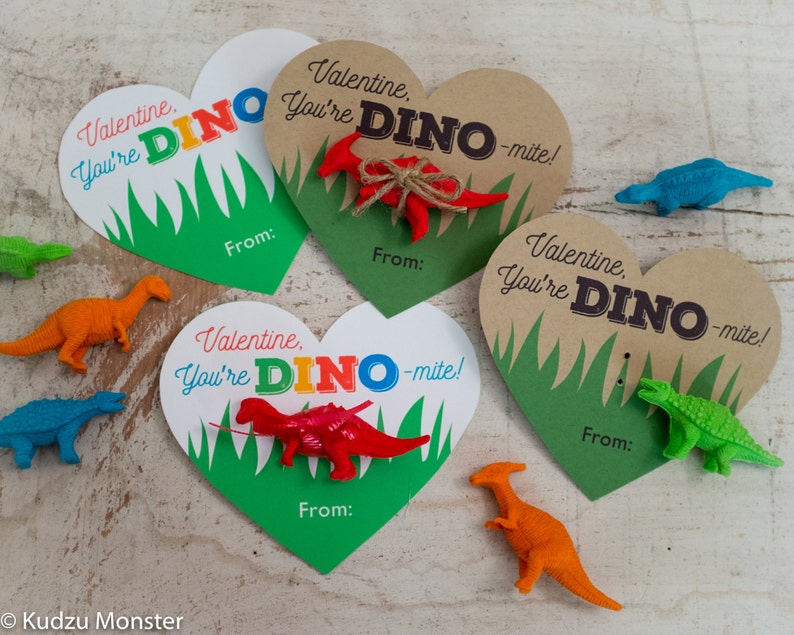 Printable Dinosaur Valentines Hearts for small dinosaur toy or dino eraser You're Dino-mite Instant Download DIY easy valentine's day gift image 2