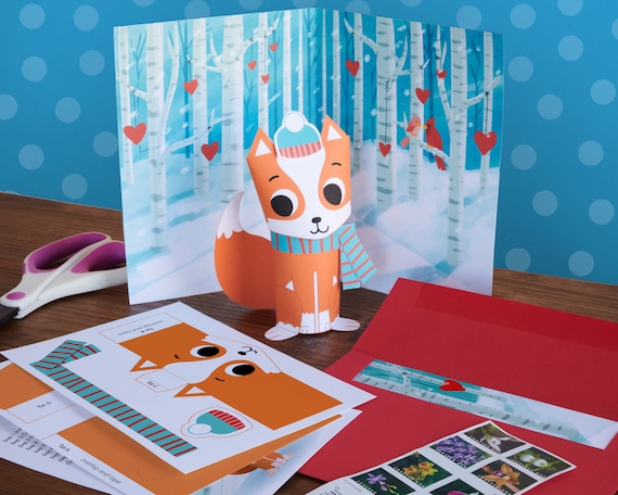 3D Fox Valentine Paper Craft Card Send this kit in the mail and the recipient puts together the animal character in the folded card scene Il_570xn