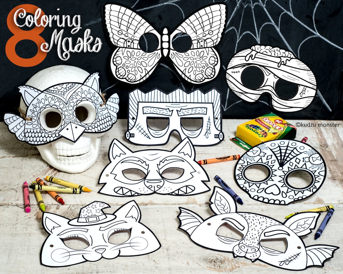 Halloween Printable coloring masks Set of 8: Owl Butterfly image 1