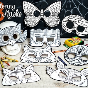 Halloween Printable coloring masks Set of 8: Owl, Butterfly, Frankenstein, Mummy, Werewolf, Witch Cat, Bat, and Sugar Skull Class Activity