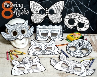 Halloween Printable coloring masks Set of 8: Owl, Butterfly, Frankenstein, Mummy, Werewolf, Witch Cat, Bat, and Sugar Skull Class Activity