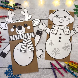 Marionnettes à colorier : renne + activité bonhomme de neige | Bricolage amusant pour les enfants pour Noël | Marionnette sac à lunch en papier brun | Télécharger le kit de coloriage