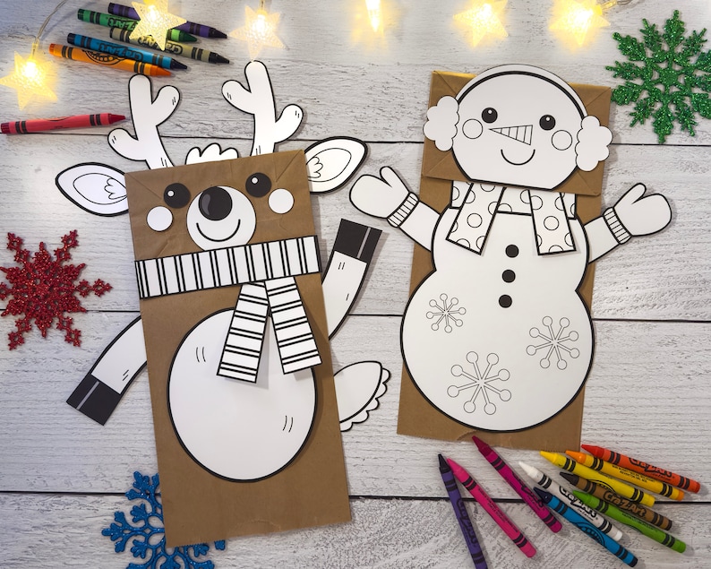 Printable Coloring Puppets Reindeer  Snowman Activity  Fun image 1