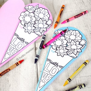 INSTANT DOWNLOAD Moederdag blanco naamkaartje Kleurplaat afdrukbaar boeket bloemen hart klaslokaal ambachtelijke kleuractiviteit DIY kinderen