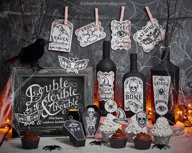 Halloween Printable Party Decor kit with cupcake wrapper and cupcake toppers, apothecary bottle labels, art print, party favor coffin boxes image 1