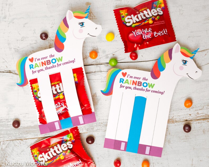 Rainbow Unicorn Birthday Party Favor Holds Fun Size Skittles or M&M candies printable easy instant download print out gifts for guests image 1