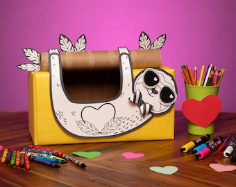 Sloth Coloring Valentine Box Printable Decor Kit, Valentine's Mailbox Craft Kit DIY Shoebox,  Print at Home