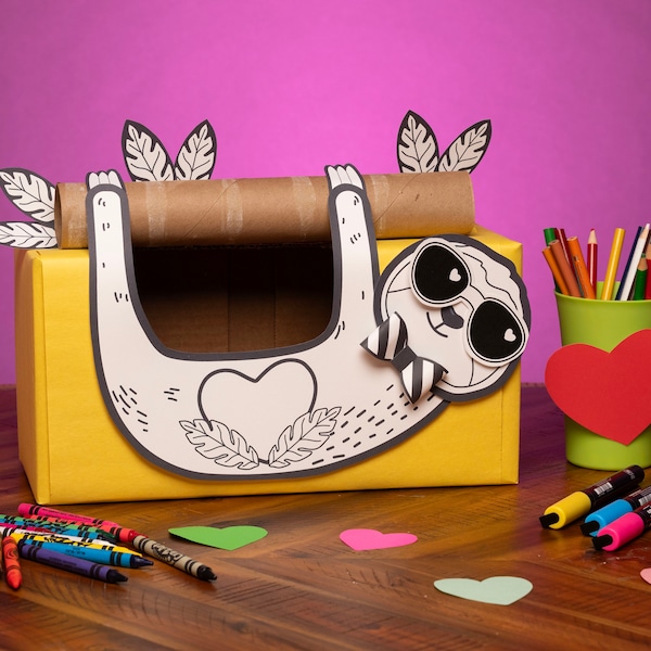 Sloth Coloring Valentine Box Printable Decor Kit, Valentine's Mailbox Craft Kit DIY Shoebox,  Print at Home