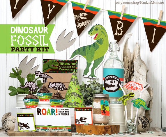 Dinosaur Fossil Party Printable kit Birthday decor banner flags bottle wrap cupcake toppers science dino theme DIY party favors download Il_570xn